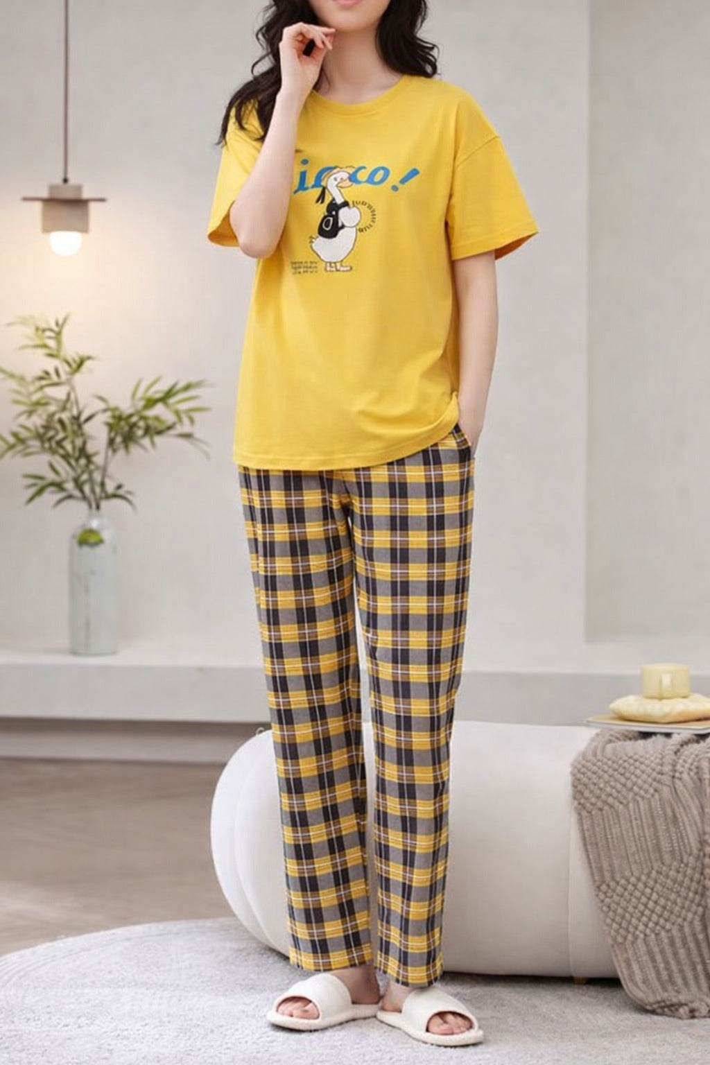 Yellow Cute Duck Printed half sleeves t shirt with check pajama night suit for her (RX-426) - Image 2