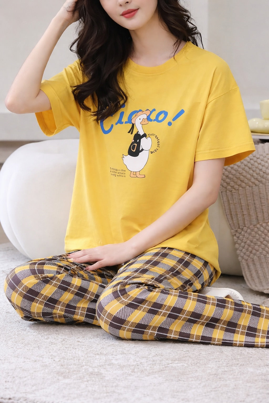 Yellow Cute Duck Printed half sleeves t shirt with check pajama night suit for her (RX-426) - Image 4