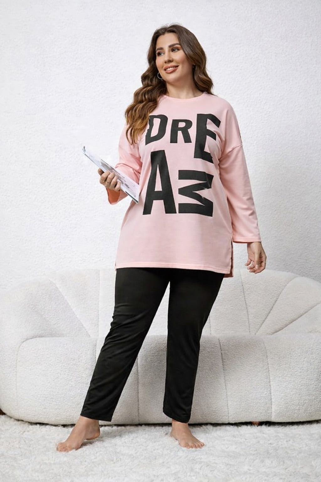 Pink Dreams long Shirt with black trouser night suit For her (RX-424) - Image 5