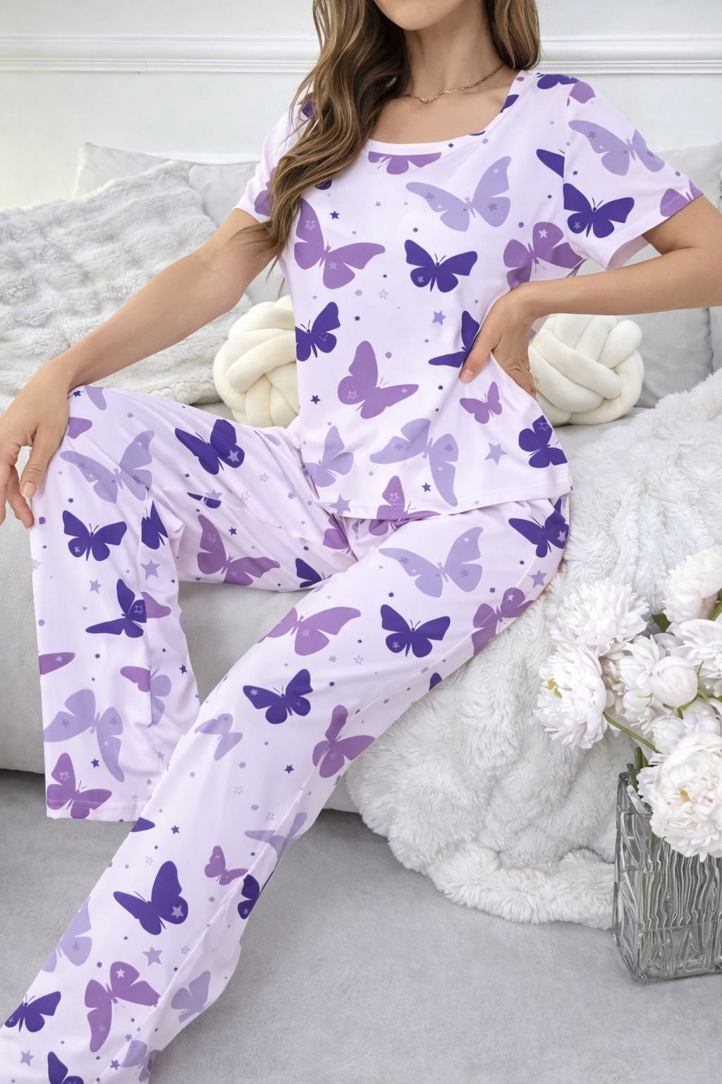 Purple All Over Butterflies Printed half sleeves night suit for her (RX-432) - Image 2