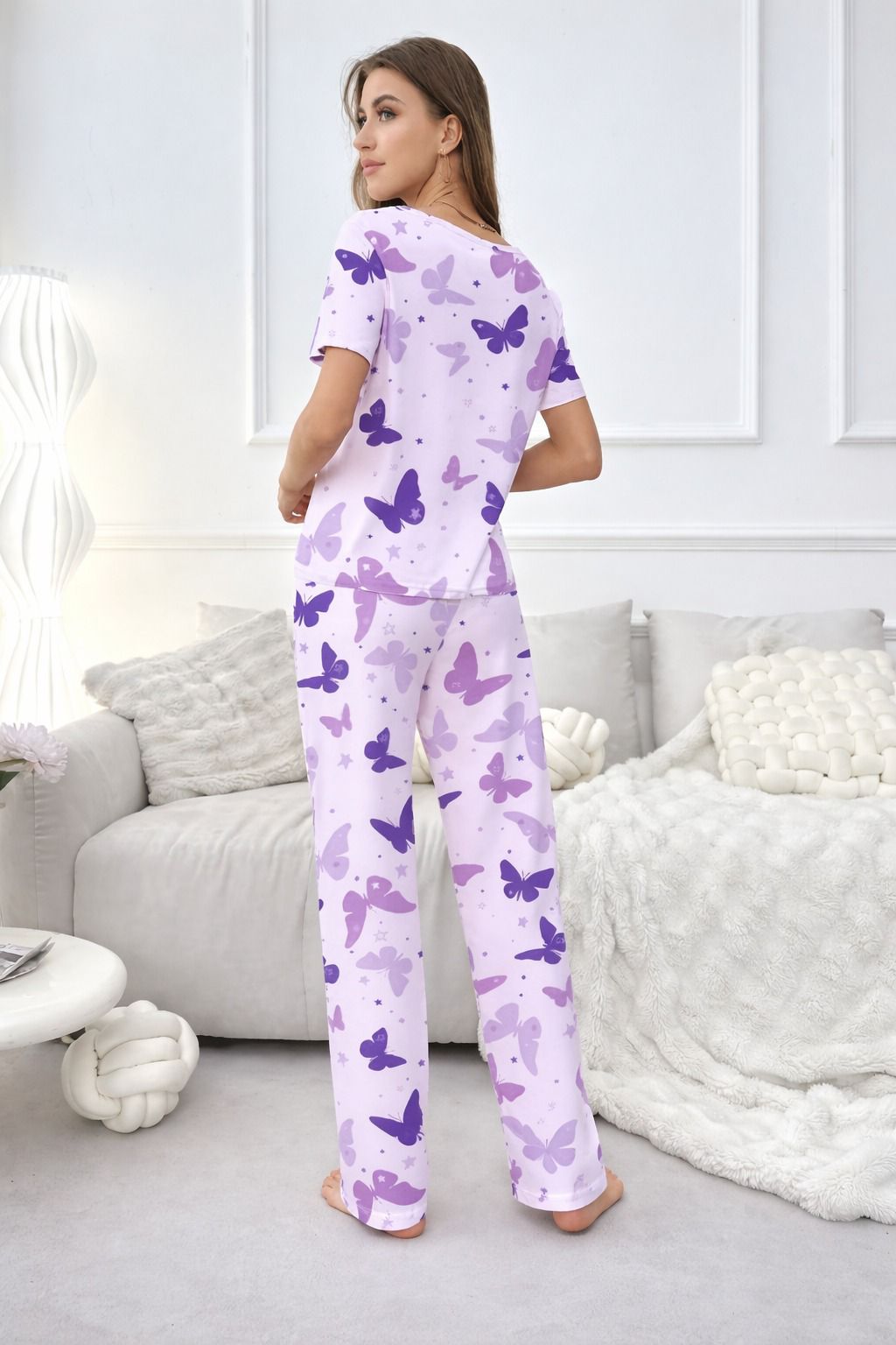 Purple All Over Butterflies Printed half sleeves night suit for her (RX-432) - Image 6