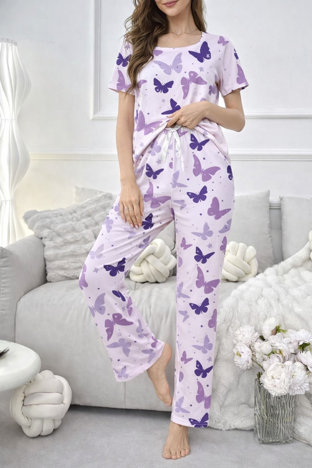 Purple All Over Butterflies Printed half sleeves night suit for her (RX-432) - Image 5