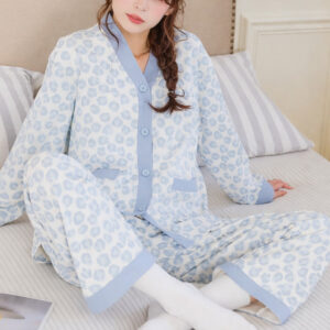 White with cheetah printed Front button Style night suit For her (RX-445)