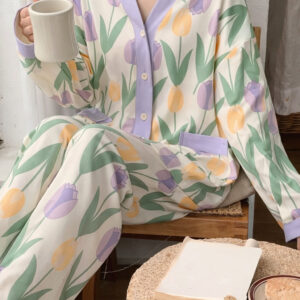 White with Flowers printed Front button Style night suit For her (RX-446)