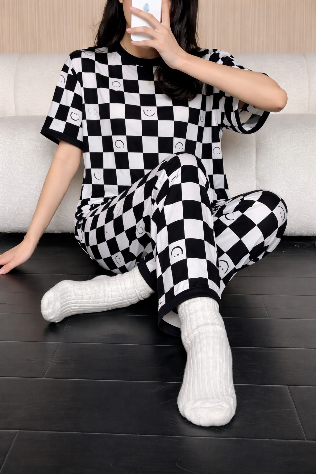 Black and White Check Smile Printed half sleeves night suit for her (RX-451) - Image 3