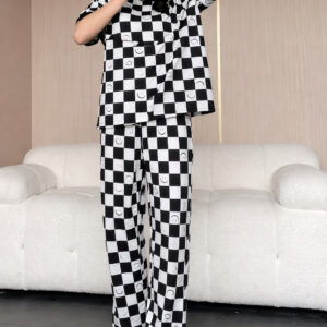 Black and White Check Smile Printed half sleeves night suit for her (RX-451)