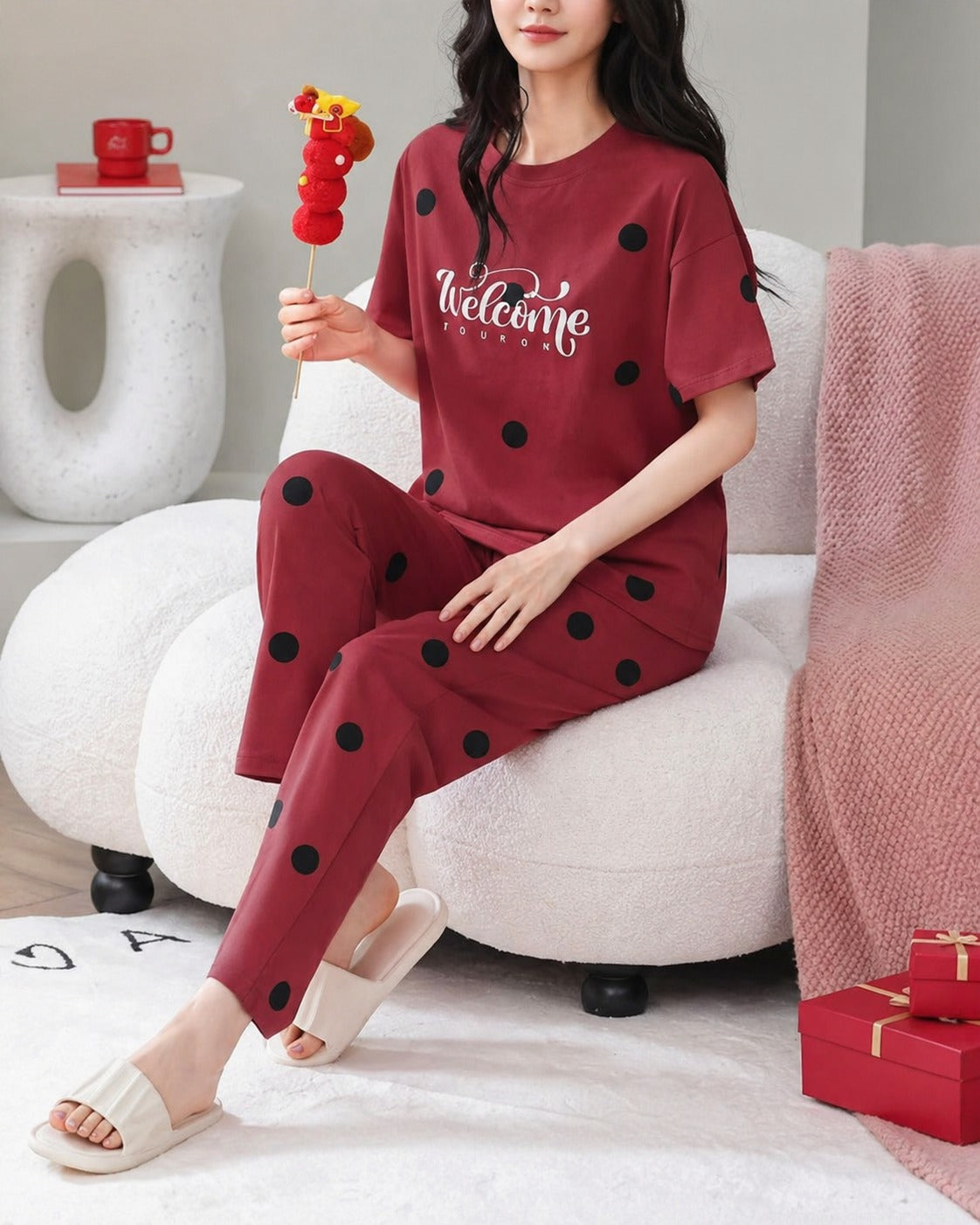 Red Welcome Print Black dotted printed night suit For her (RX-455) - Image 3