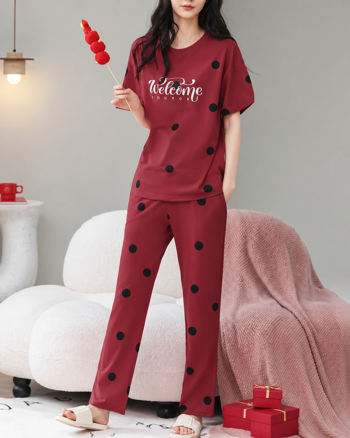 Red Welcome Print Black dotted printed night suit For her (RX-455) - Image 2