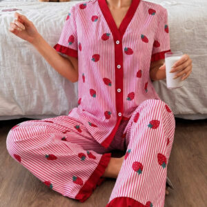 Pink All over Strawberry with pink lining style button Night suit For her (RX-454)