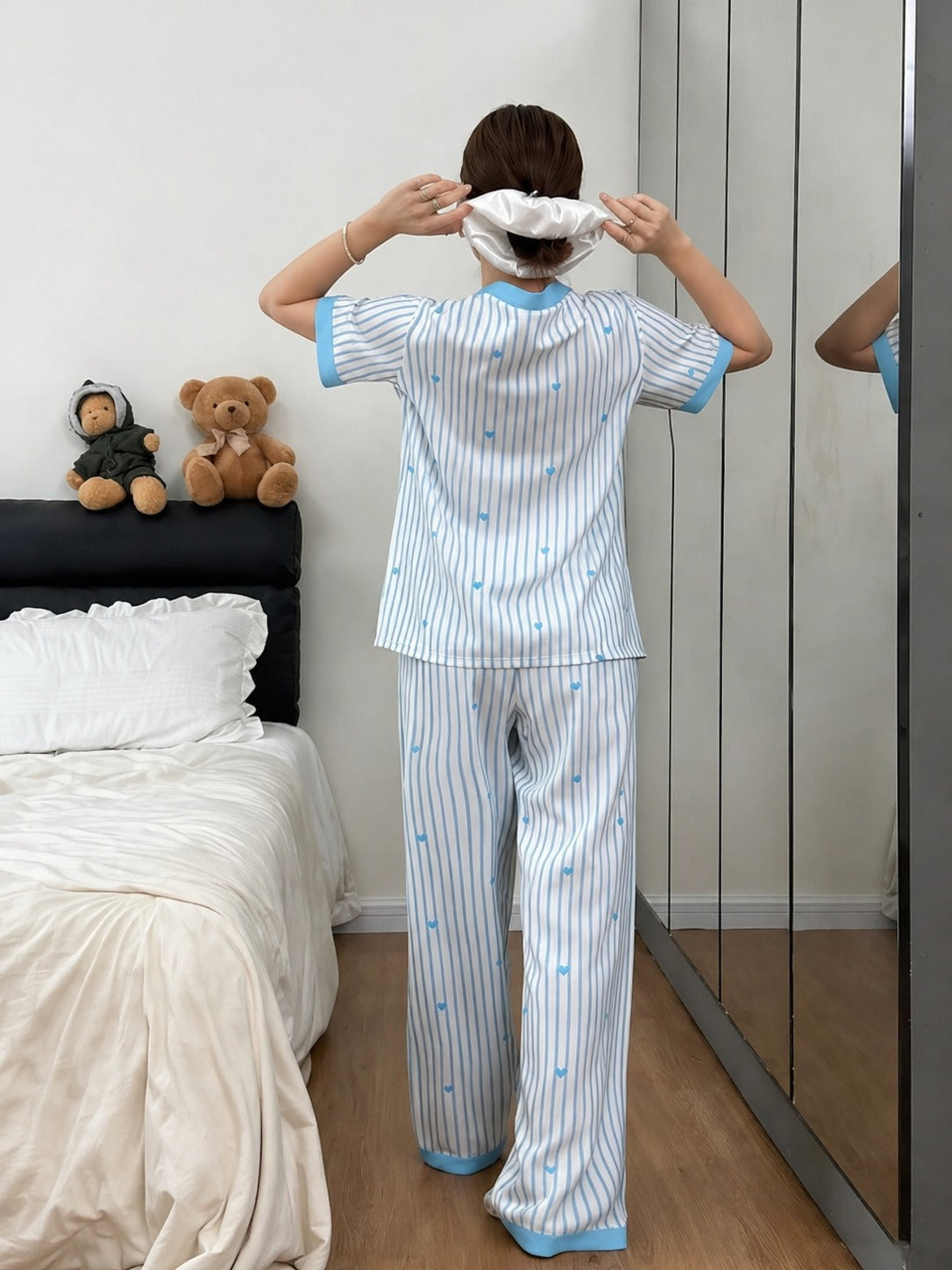 Sky blue All over hearts with Sky blue lining style button Night suit For her (RX-453) - Image 4