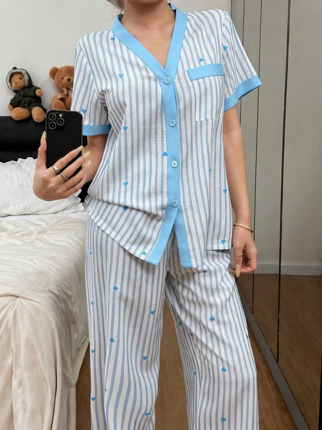 Sky blue All over hearts with Sky blue lining style button Night suit For her (RX-453) - Image 2
