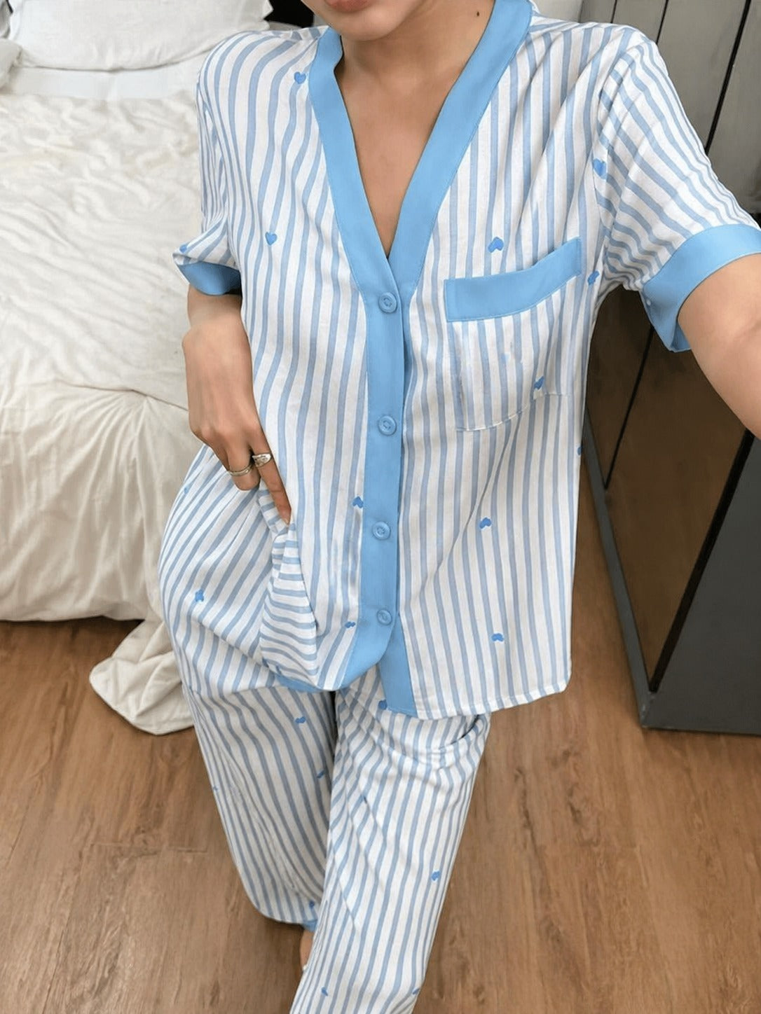 Sky blue All over hearts with Sky blue lining style button Night suit For her (RX-453) - Image 3