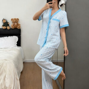 Sky blue All over hearts with Sky blue lining style button Night suit For her (RX-453)