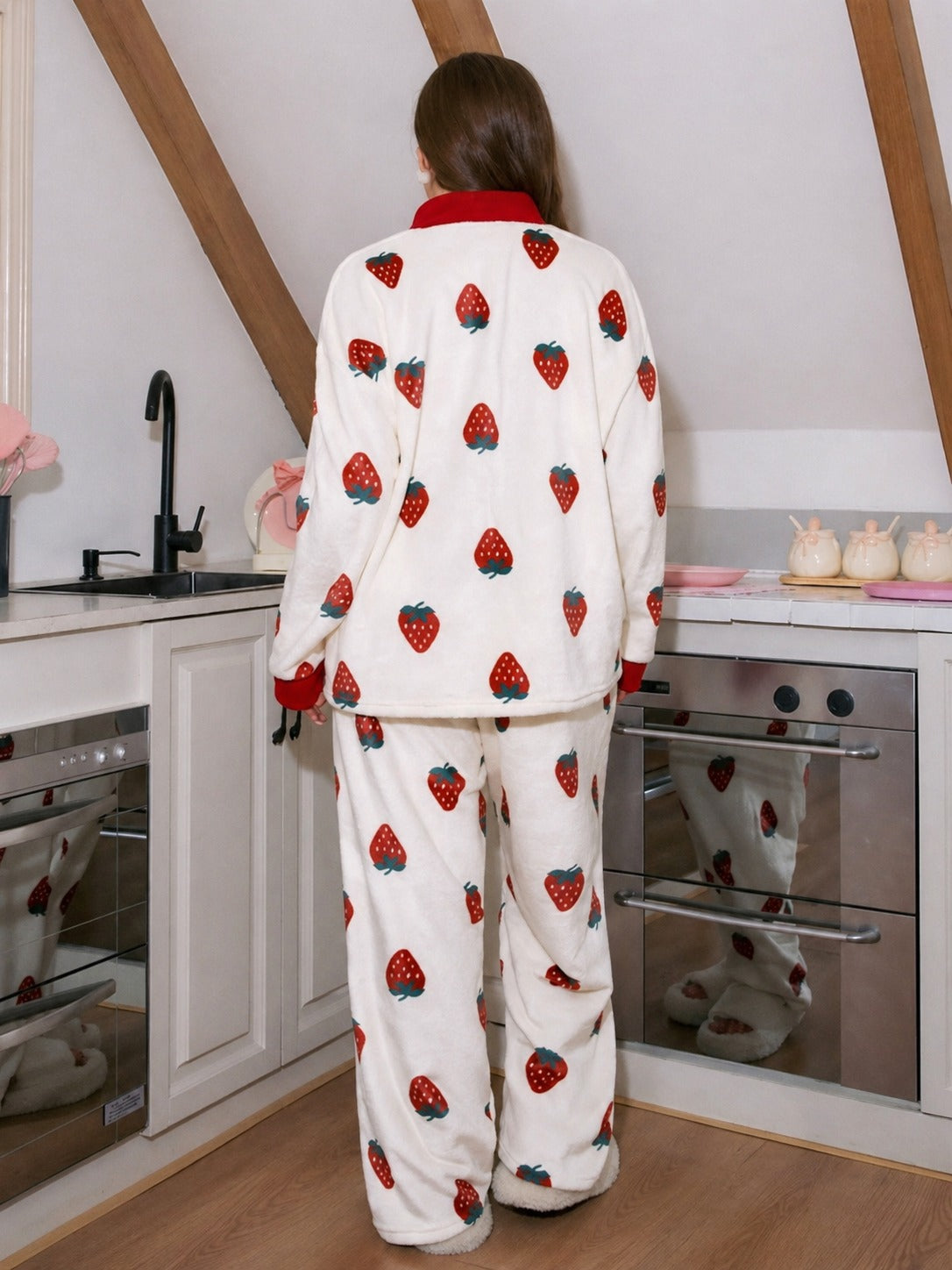 White With Red Strawberries Printed Button Style Night Suit For Her (RX-456) - Image 5