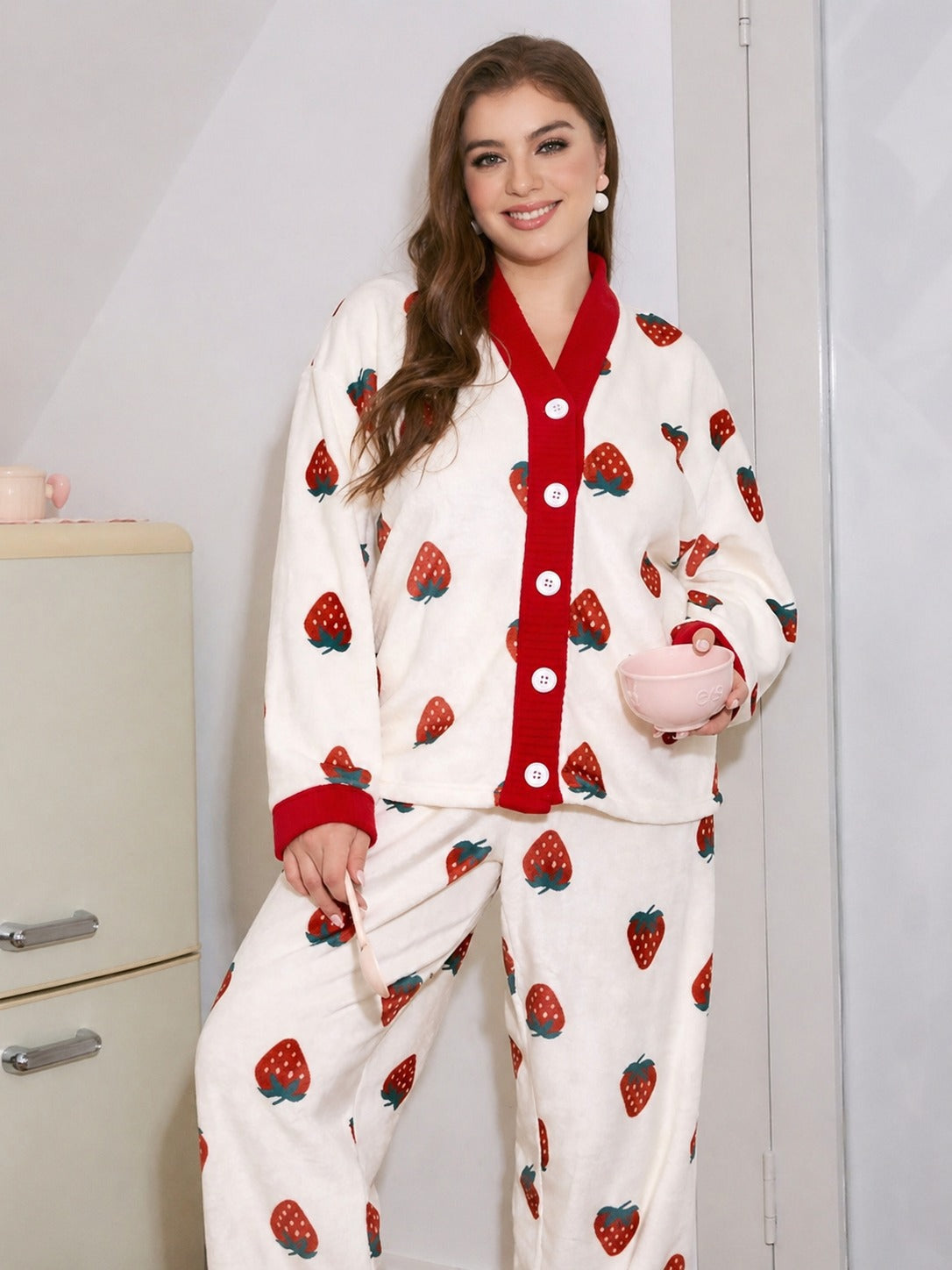 White With Red Strawberries Printed Button Style Night Suit For Her (RX-456) - Image 4