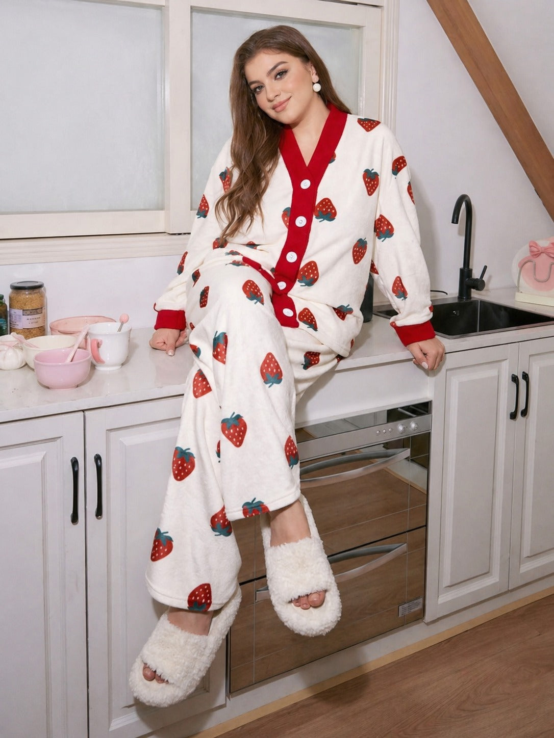White With Red Strawberries Printed Button Style Night Suit For Her (RX-456) - Image 3