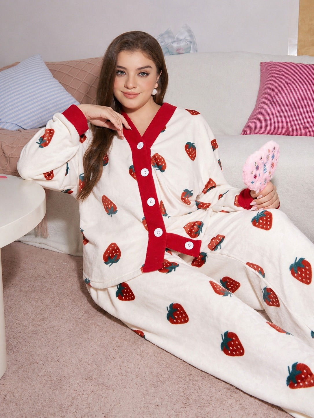 White With Red Strawberries Printed Button Style Night Suit For Her (RX-456) - Image 2