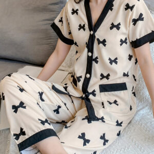White With Black Bow Printed Button Style Night Suit For Her (RX-457)