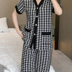 Black And White Small Check Printed Half Sleeves Button Style Night Suit For Her (RX-459)