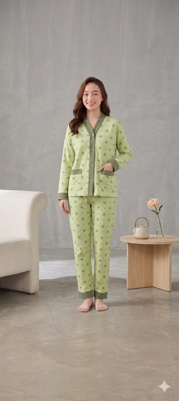 Green All Over Hearts Printed Button Style Night Suit For Her (RX-470) - Image 4