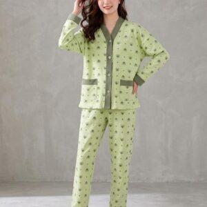 Green All Over Hearts Printed Button Style Night Suit For Her (RX-470)