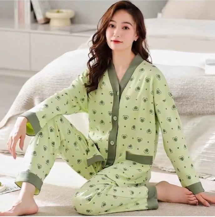 Green All Over Hearts Printed Button Style Night Suit For Her (RX-470) - Image 2