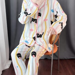 Off white All over Kitty Printed button style night suit For Her (RX-474)