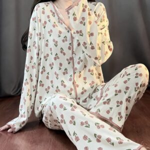 off white All over roses with brown pippen button style night suit for her (RX-471)