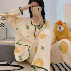 off white Leaves and Lemon Printed button style night suit For her (RX-472)