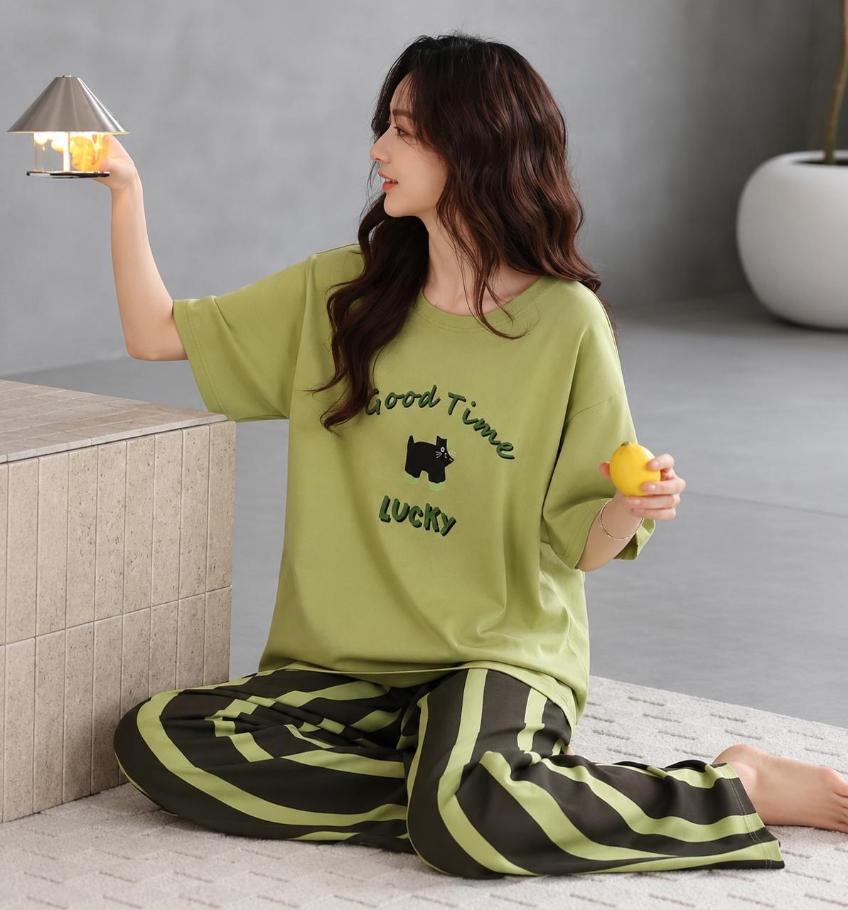 Olive green Good times lucky printed half sleeves night suit For her (RX-491)