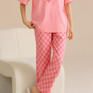 Pink Big Smile hearts printed half sleeves with checkered printed trouser night suit For her (RX-493)