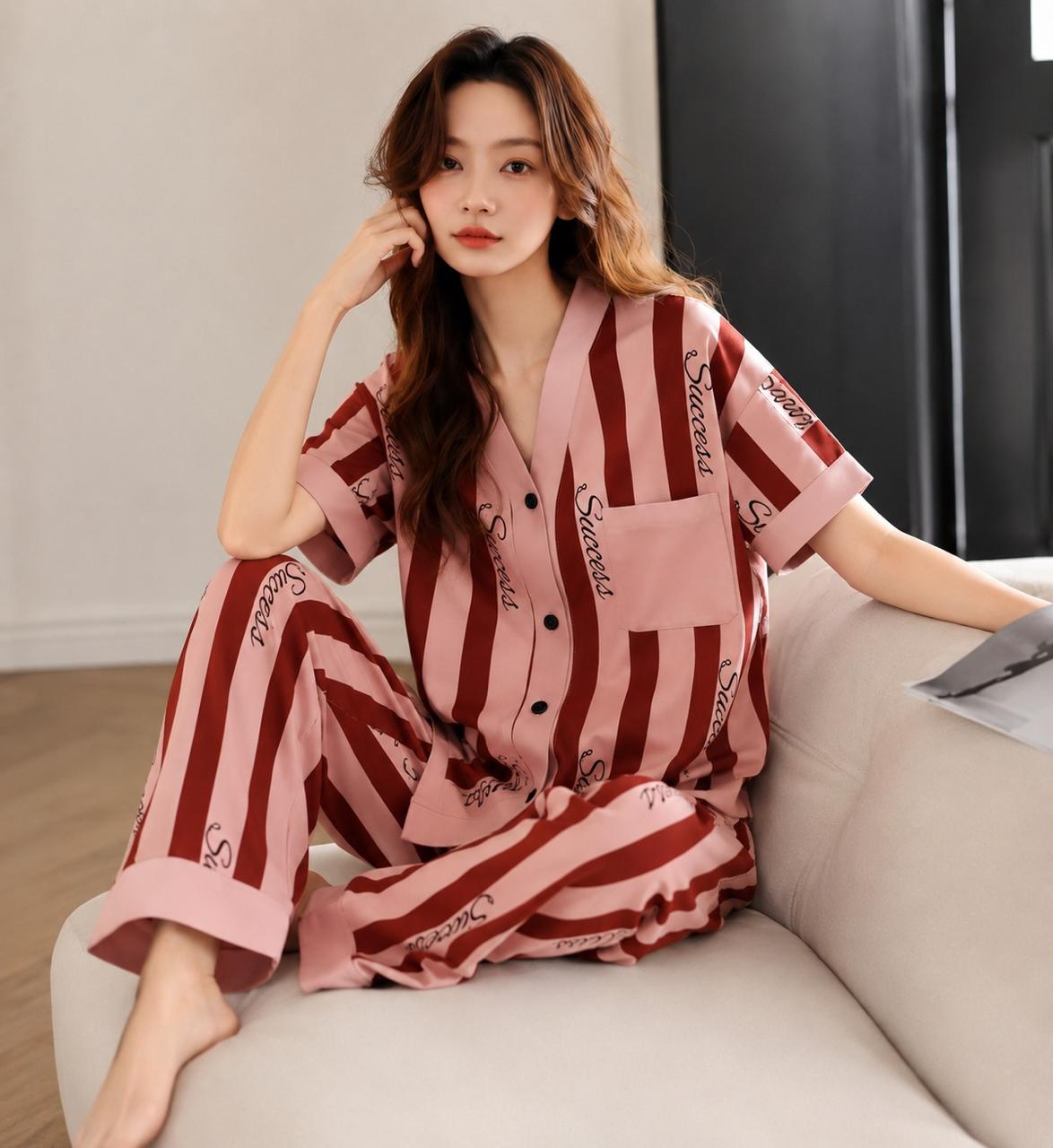 Pink with maroon lining success printed Button style Night Suit For Her (RX-494)
