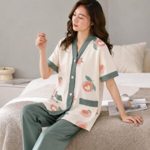 Off white Big Apples Printed Button Style with green pjs Night Suit For Her (RX-495)