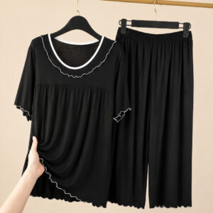 New Black With White Pipin With Frill Night Suit For Her (RX-519)