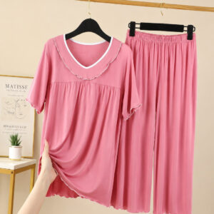 New Pink With White Pipin With Frill Night Suit For Her (RX-520)