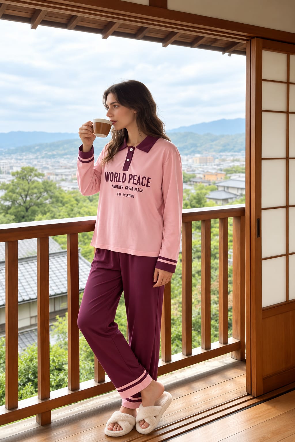 Pink And Maroon World Peace Polo Pj Set (RX-575) - Image 2
