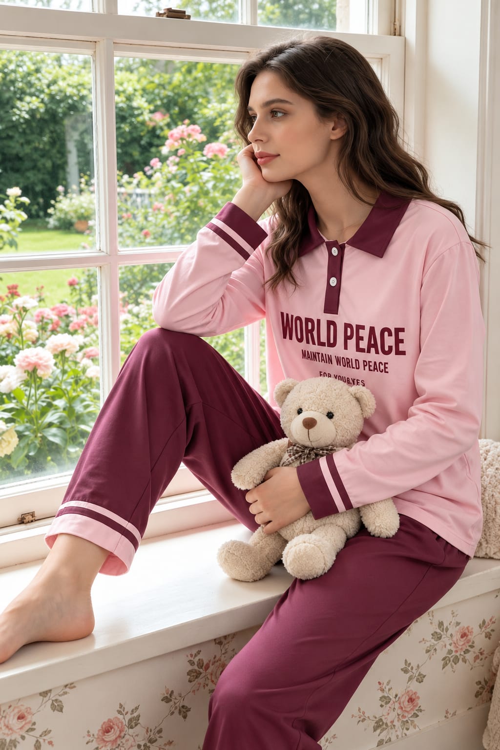 Pink And Maroon World Peace Polo Pj Set (RX-575) - Image 4