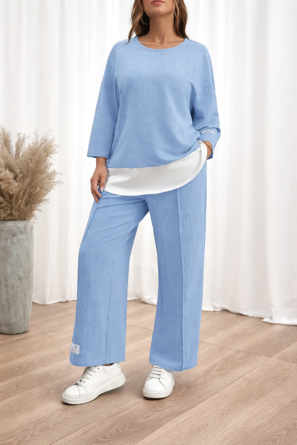 Sky blue with White Bottom line Plain plazzo night suit for her - Image 4