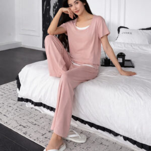 (New) Pink with white Round Neck Half sleeves with plazo night suit