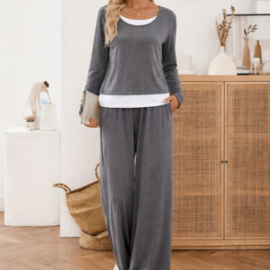 Grey with White Bottom line Plain plazzo night suit for her