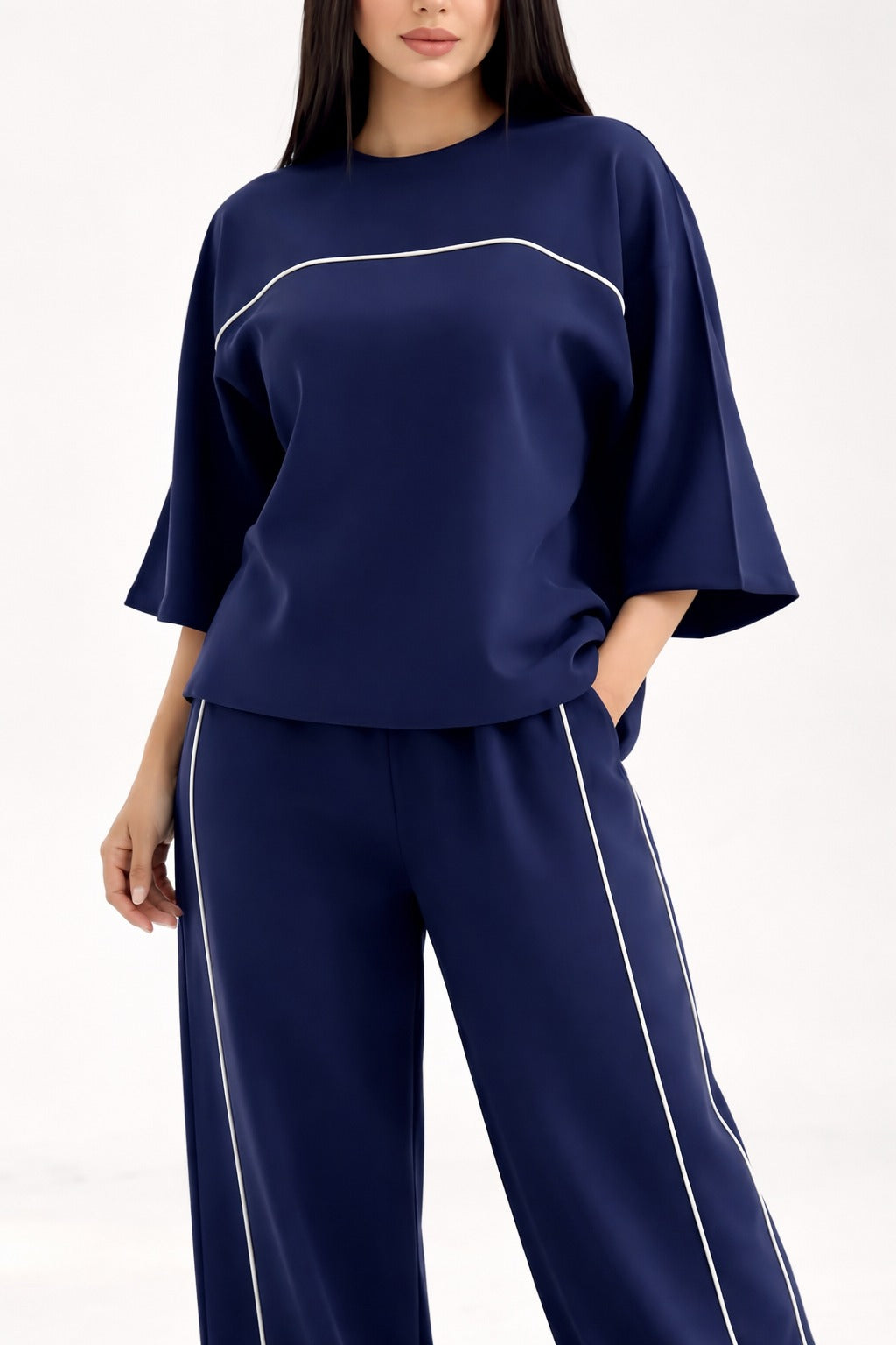 Navy Blue with White lining Plain plazzo night suit for her - Image 2