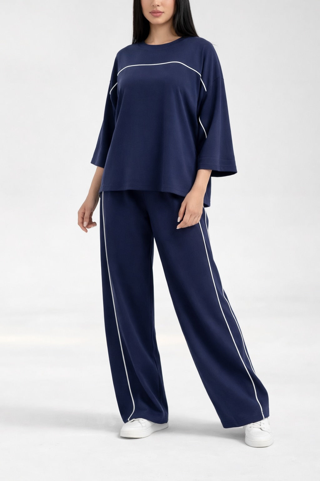 Navy Blue with White lining Plain plazzo night suit for her - Image 3