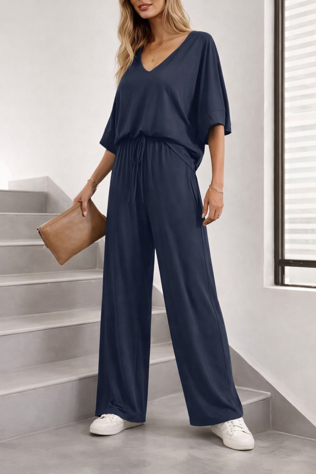 (New) Navy Blue V Neck plain Half Sleeves night suit with plazo pajama - Image 2