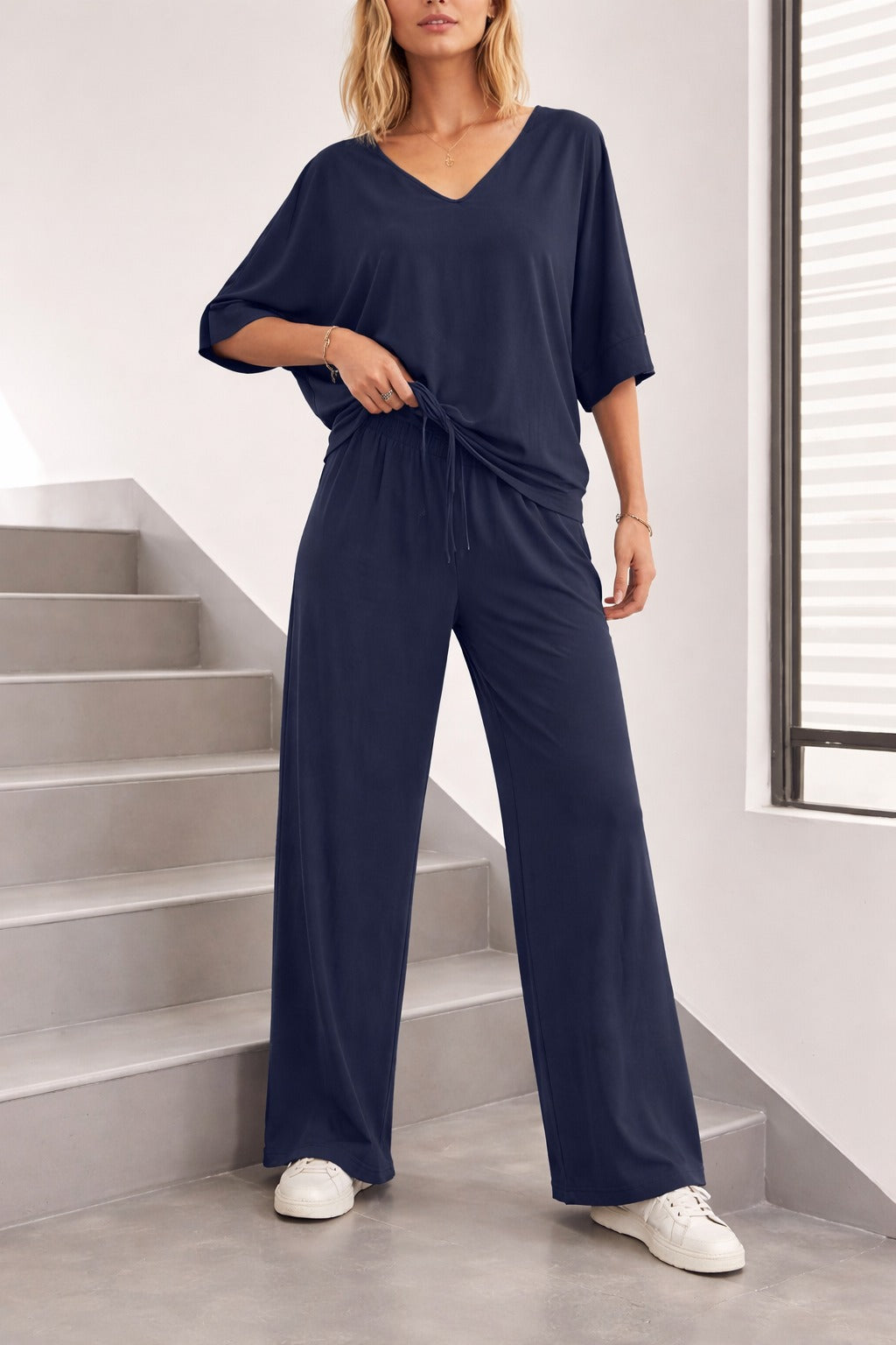 (New) Navy Blue V Neck plain Half Sleeves night suit with plazo pajama - Image 3