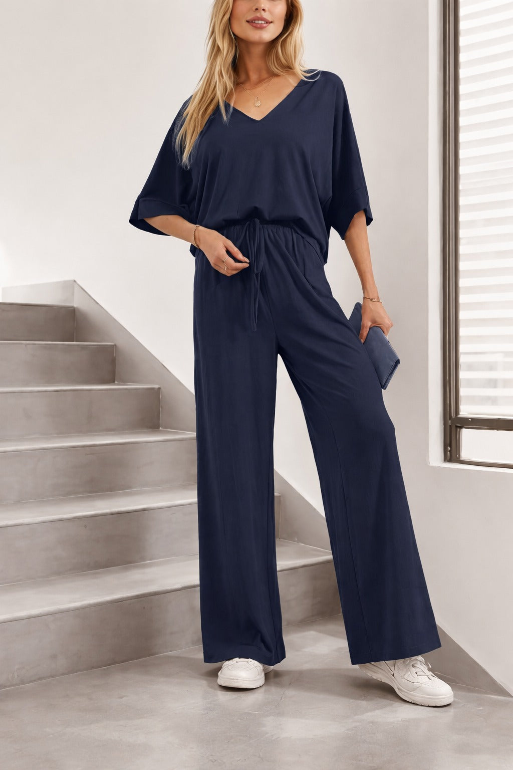 (New) Navy Blue V Neck plain Half Sleeves night suit with plazo pajama - Image 4