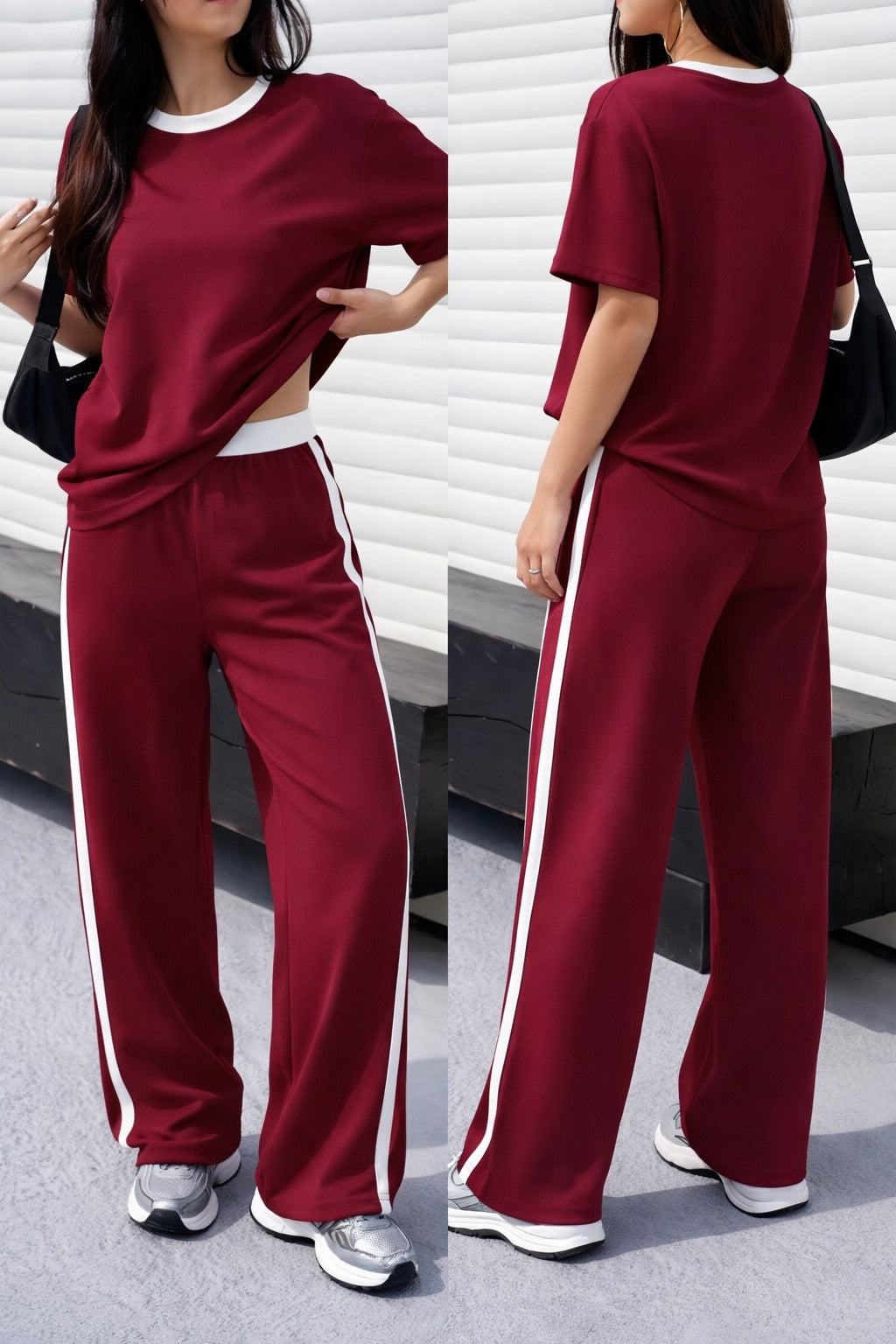 (New) Maroon with white round Neck night suit with White panel plazo pajama - Image 2