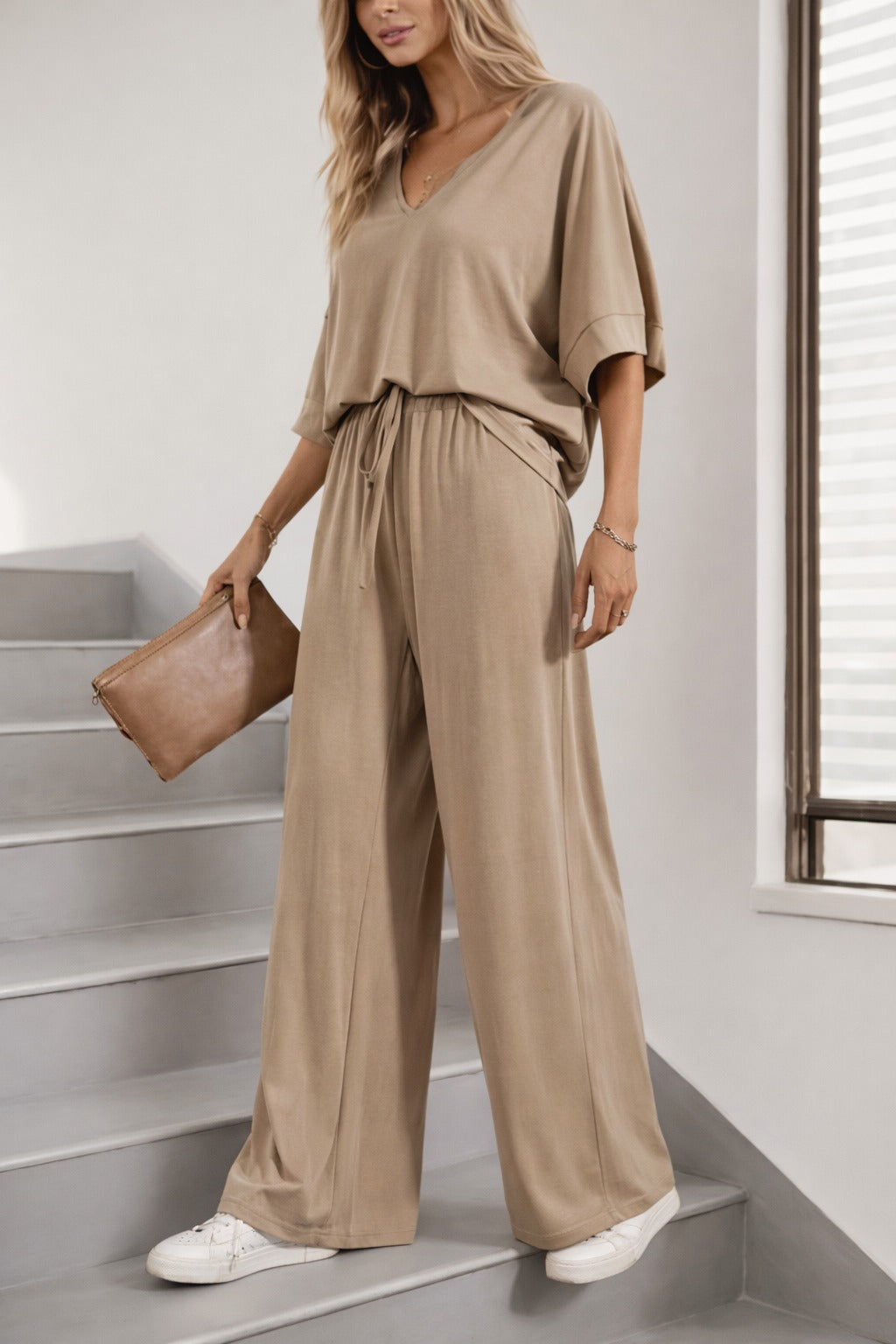 (New)Beige V Neck plain Half Sleeves night suit with plazo pajama - Image 2