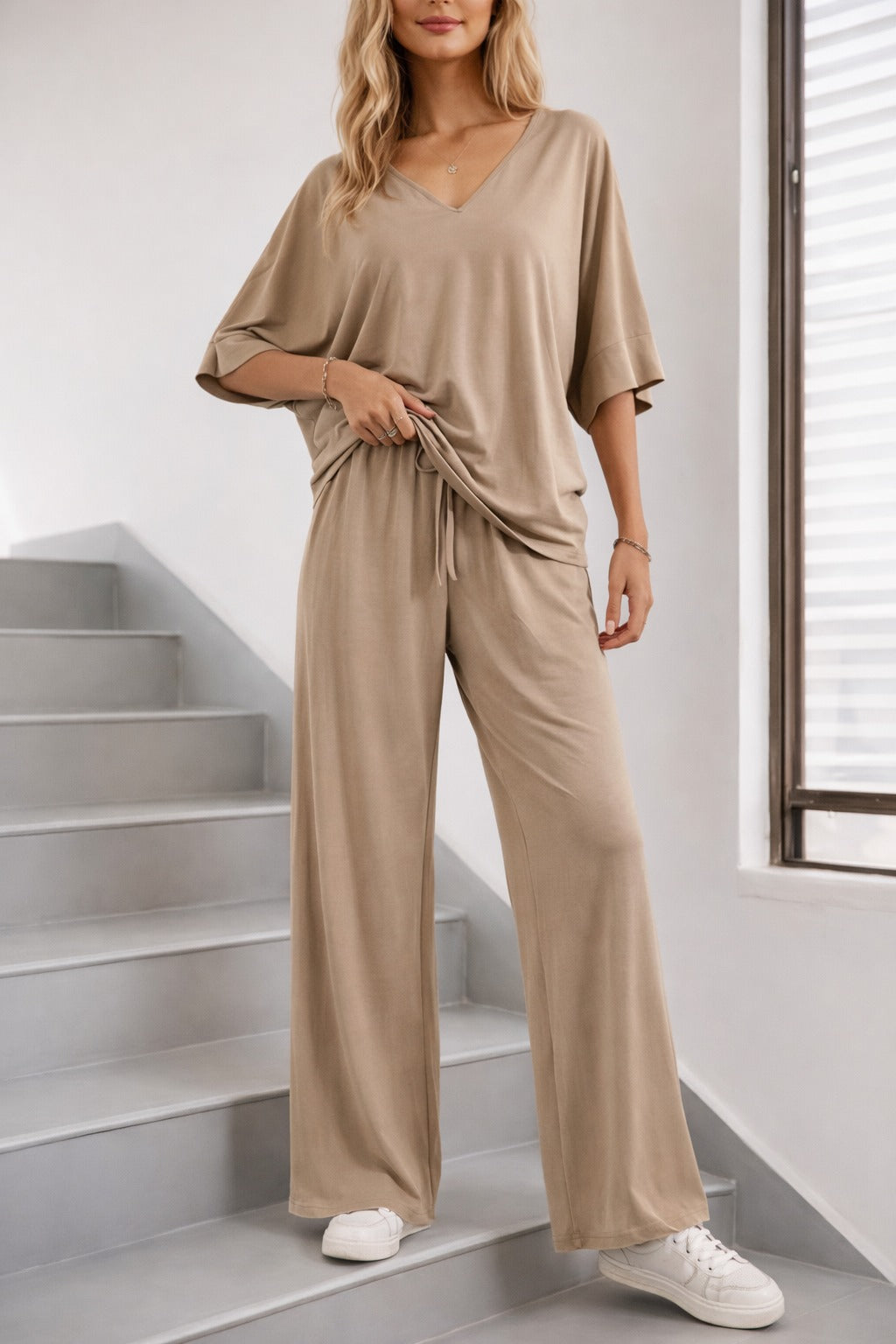 (New)Beige V Neck plain Half Sleeves night suit with plazo pajama - Image 3