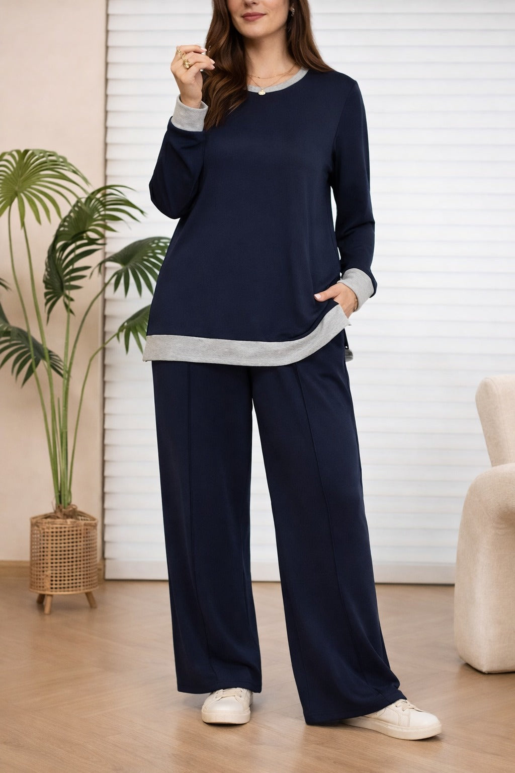 (New) Navy blue Grey round neck with grey Bottom plain Plazo night suit For her