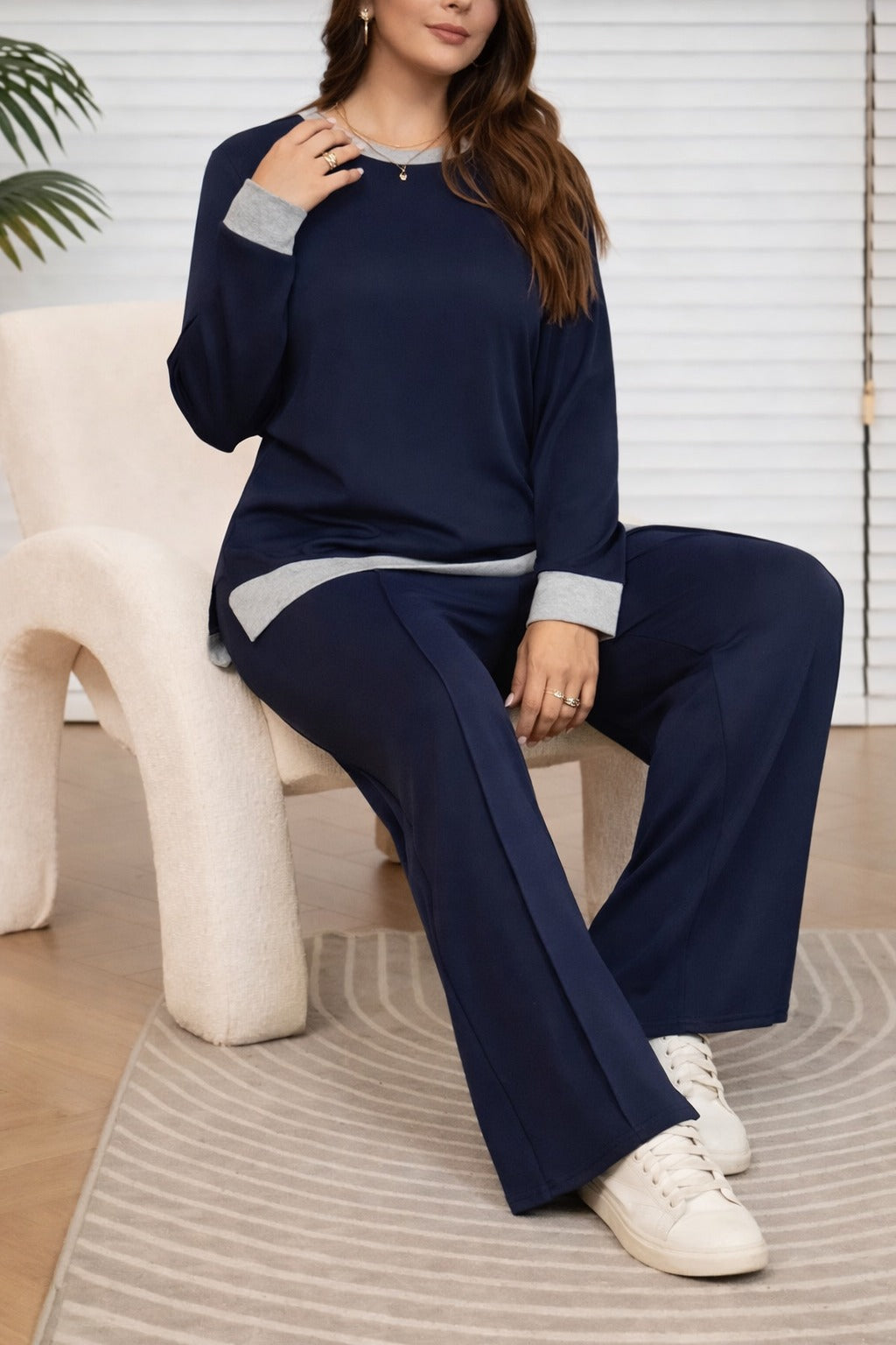 (New) Navy blue Grey round neck with grey Bottom plain Plazo night suit For her - Image 3